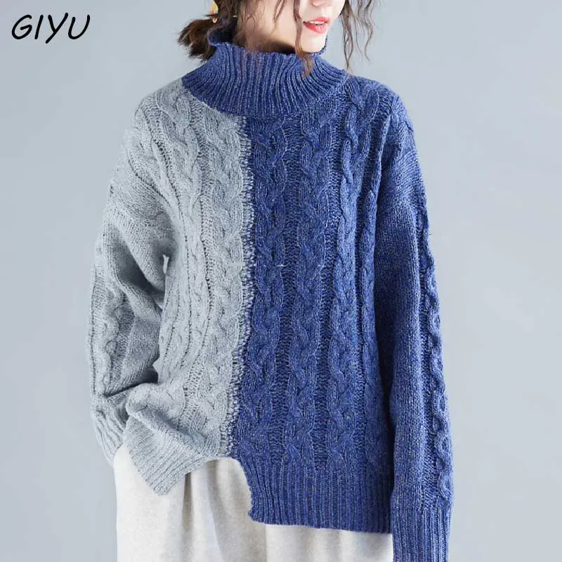 

Plus Size Women Sweater Female Pullover Knitted Wool Thick Collar Spliced ​​Lady Basic Tops Casual Clothes Spring 2019