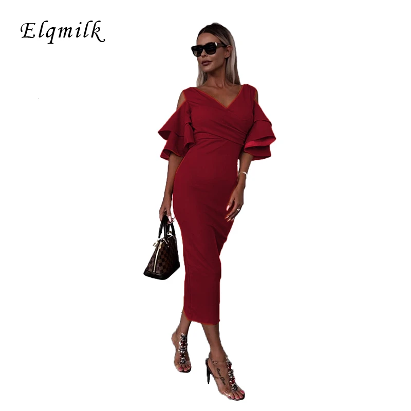 

ELQMILK V-neck Sexy Women Dresses Ruffles Hollow Out Off Shoulder Slim Female Bodycon Dresses Club Vestidos de fiesta