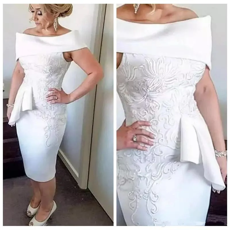 

Plus Size Mother Of The Bride Dresses Sheath Off The Shoulder Appliques Tea Length Groom Short Mother Dresses For Wedding