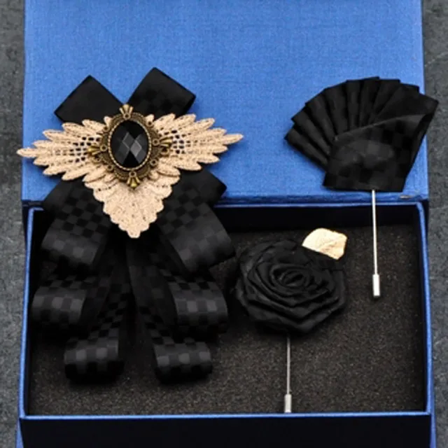 British New Fashion Men's Wedding Performance Groom Wedding-Party Flower Collar Bow Tie Pocket Towel Square Set Men Accessories Black plaid set