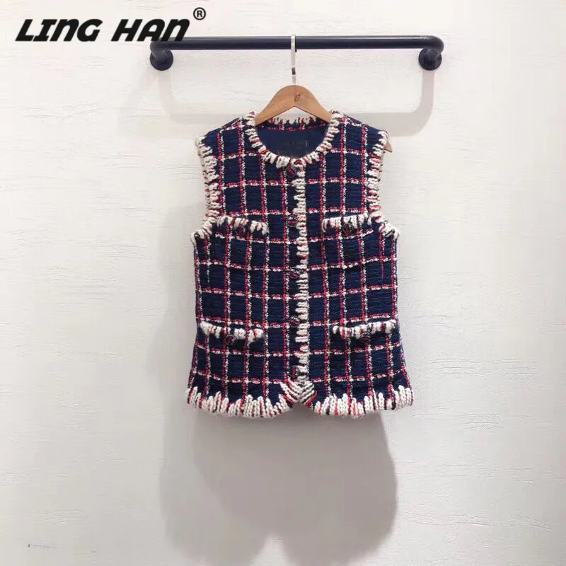 

LINGHAN Plaid tweed haute couture vest high quality women's Autumn Winter sleeveless vest jacket silk lining