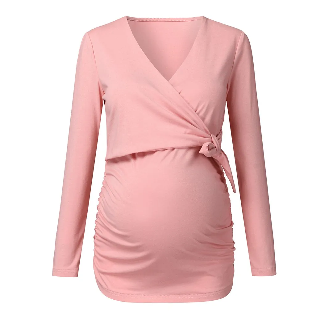 Повседневная однотонная блузка для беременных; коллекция года; осенняя одежда с длинными рукавами и v-образным вырезом; одежда для кормления грудью; одежда для кормления; ropa de maternidad