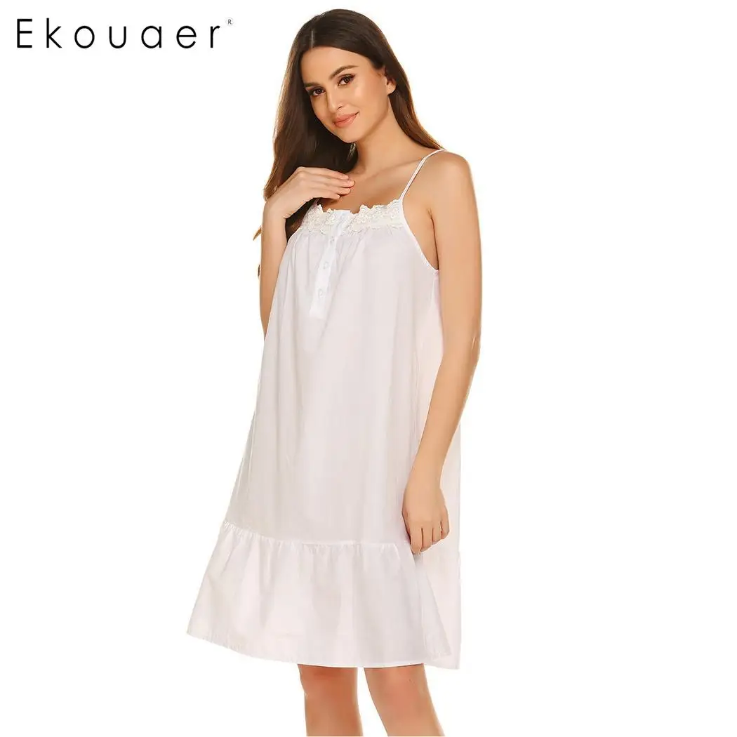 Ekouaer, женская летняя ночная рубашка, одежда для сна, кружевная отделка, пуговицы, ремень, без рукавов, ночная рубашка, платье до колен, хлопковая ночная рубашка
