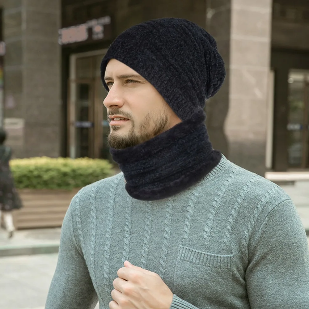 Beanies, зимняя шапка, мужская шапка, зимняя шапка, одноцветная шапка с воротником, набор, плюс бархат, толстая вязаная шапка и глушитель, шапка бини, Muts#2O21