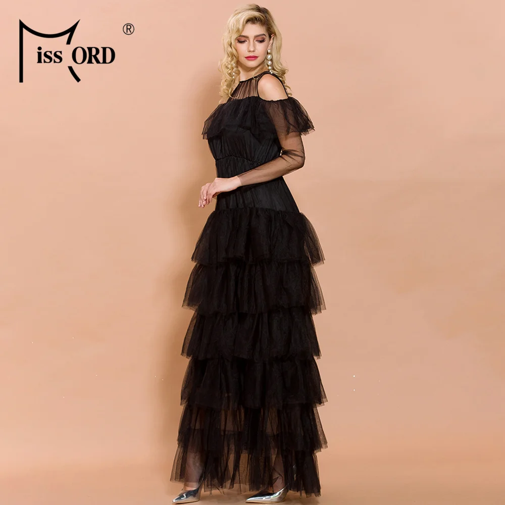 Missord Women O Neck Long Sleeve See Through Mesh Dresses Female Elegant Ruffles Maxi Dress FT19573-2