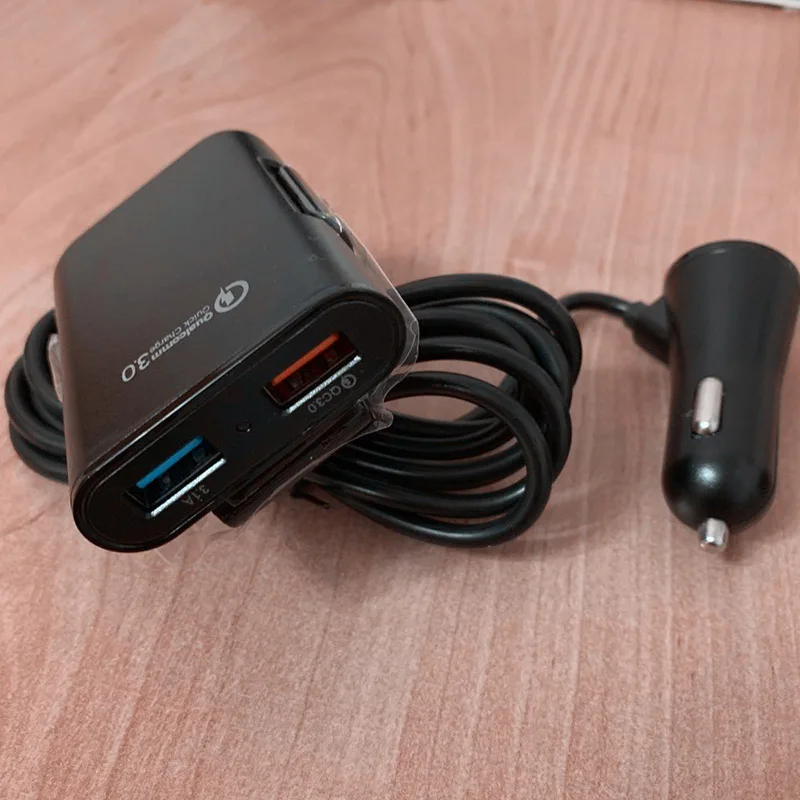 4USBQC3. 0 с удлинительным кабелем для автомобиля, автомобильное зарядное устройство 3.1A с зажимом для задней линии, для мобильного телефона, планшета, gps, автомобиля, зарядка