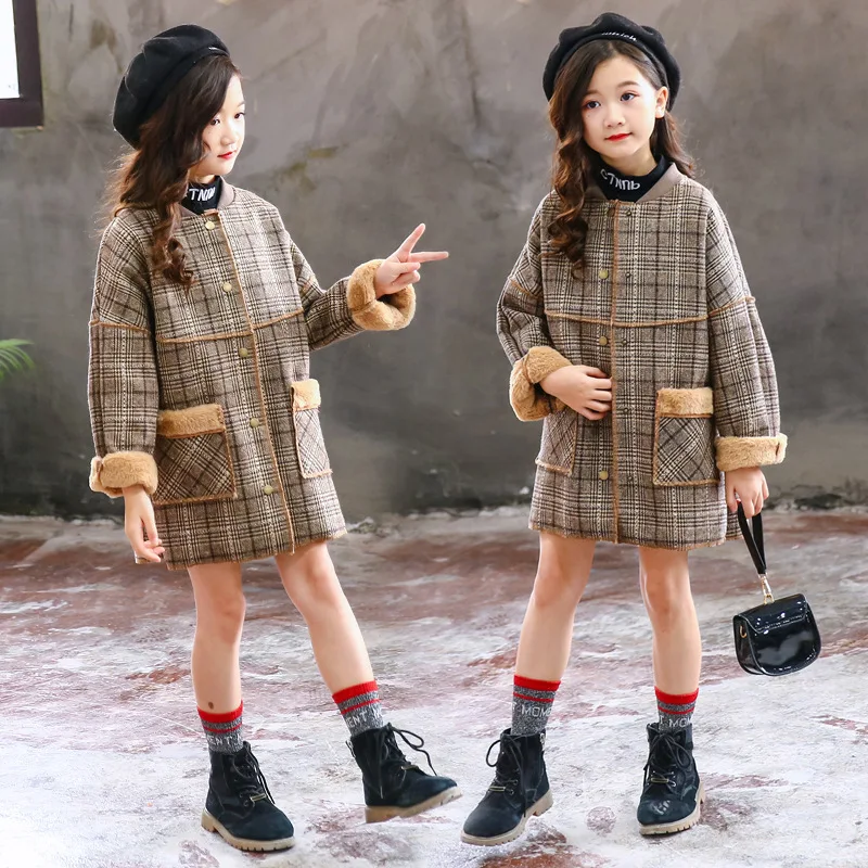 Menoea/Одежда для девочек; Осень-зима г.; корейский стиль; клетчатое пальто цвета хаки с кроликом; шерстяное пальто для больших детей; шерстяные пальто для девочек