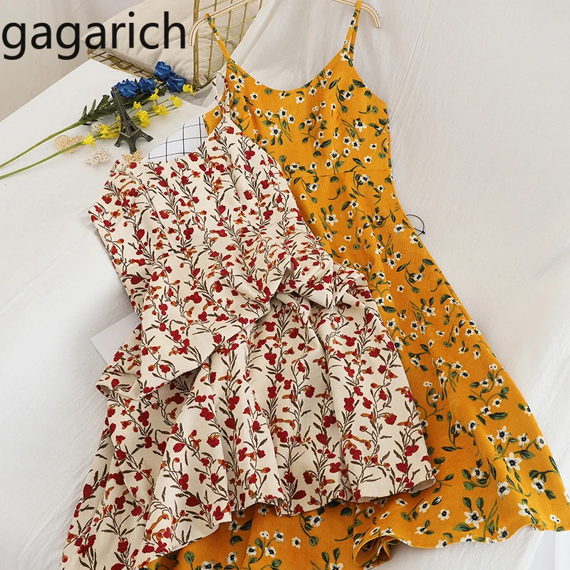 

Gagarich Women Vintage Corduroy Slip Dress Ladies Sexy V Neck Floral Print Knee Length Vestidos Korean Elegant Girl Dresses Chic