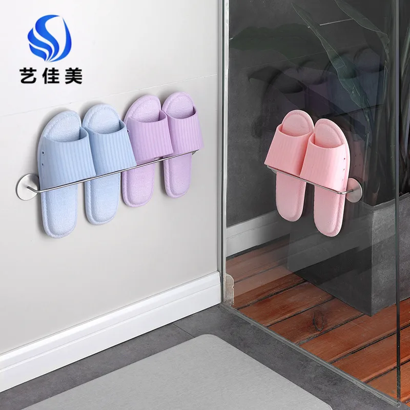 

Brushed 304 Stainless Steel Slipper Rack Hole Punched Bathroom Wall Hangers Slipper Storage Rack Seemless Adhesive Shoe Rack Who