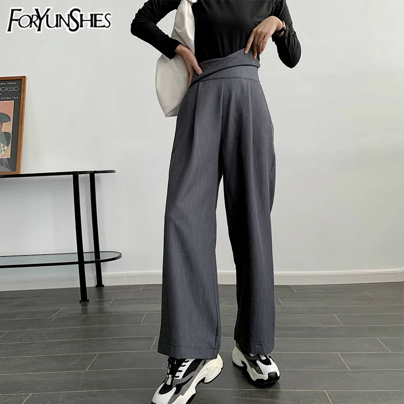 

FORYUNSHES Women Wide Leg Suit Pants 2020 New Fashion Woman Turndown High-Waist Draping Effect Casual Straight Chic Trousers