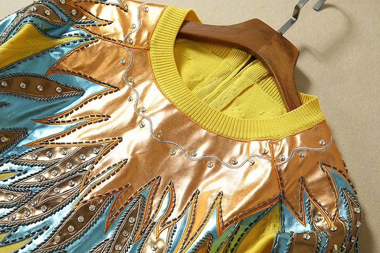VERDEJULIAY Runway Yellow Sweater Autumn Winter Fashion New Luxury Beading Diamonds Patch European Top