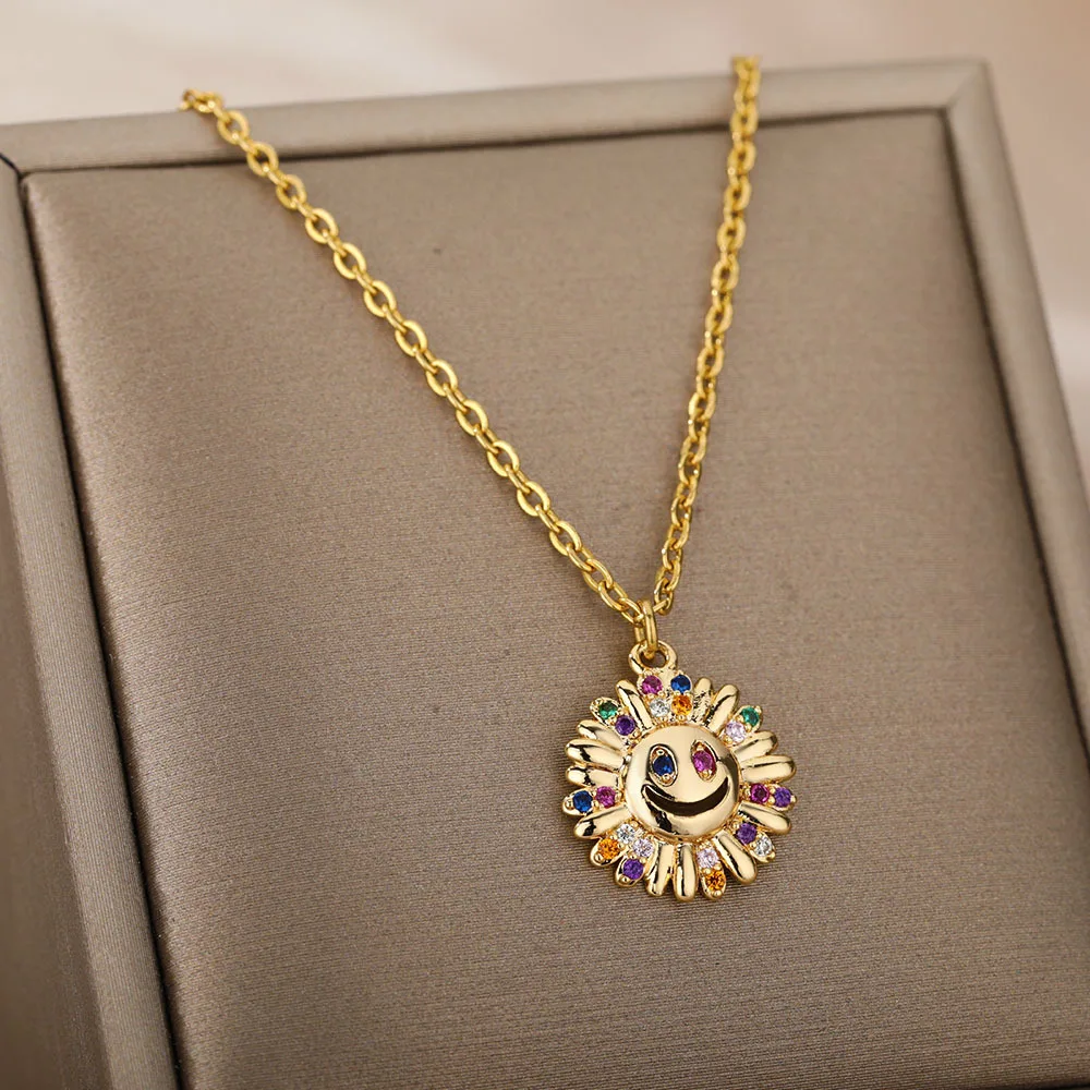 Collier avec pendentif tournesol en Zircon doré pour Femme, chaîne en acier inoxydable, avec sourire chanceux, Bijoux cadeaux