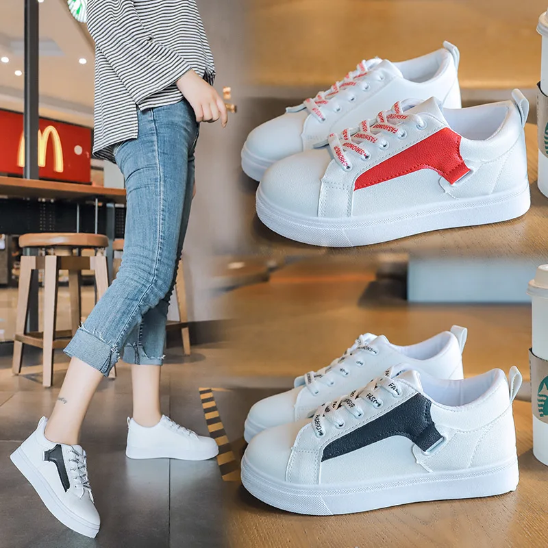 

White Shoes Women's 2019 Autumn New Style Students Korean-style Low Top Lace-up-Style Mixed Colors Low Heel Versatile Casual Boa