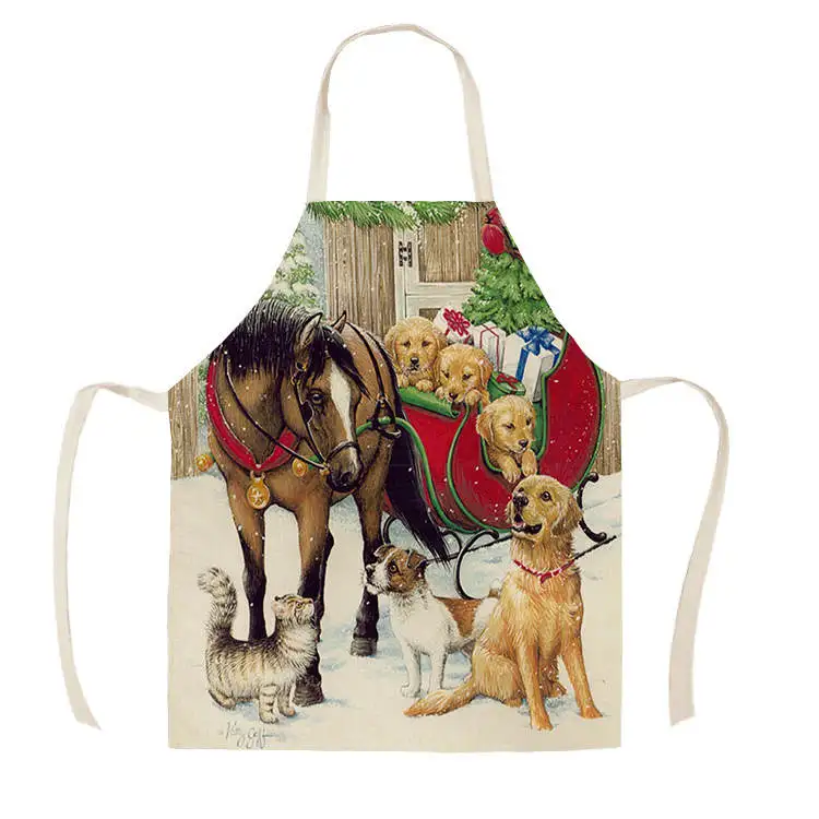 1Pcs Kitchen Apron Christmas horse farm Printed Sleeveless Cotton Linen Aprons for Men Women Home Cleaning Tools 55*68cm