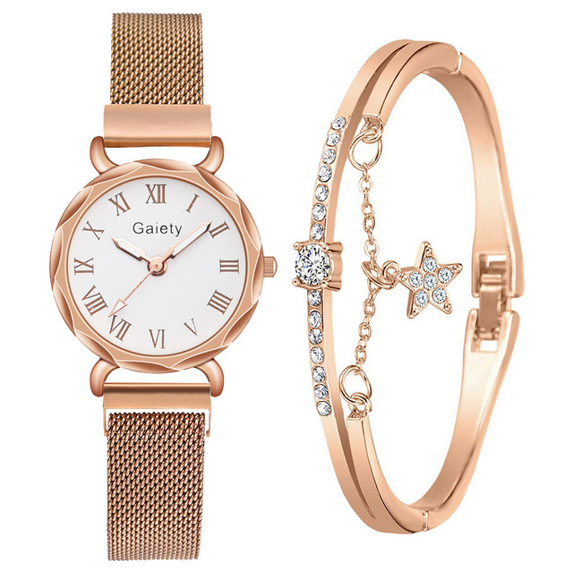 Brand 2pcs Set Casual Watch For Women Rhinestone Bracelet Watch Leather Ladies Wrist Clock Simple Dress Gfit Montre Femme