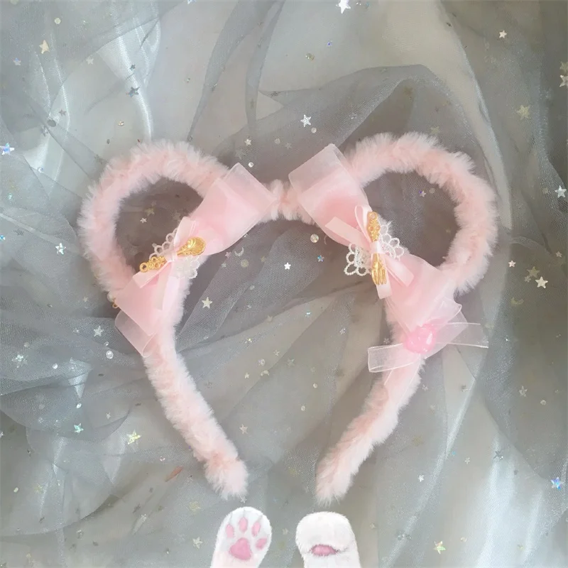 Pink Ручной работы сладкий медведь уха обруч для волос KC коричневый кофе цвет милый бант KC украшения для волос Лолита Kawaii аксессуары для волос Косплей - Цвет: Pink