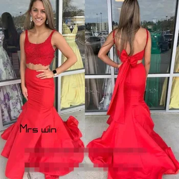 

Mrs win Evening Dresses Mermaid Two Pieces Dress Women Party Night Elegant Red Back Bow Sleevless Formal Gowns For Girls HR121