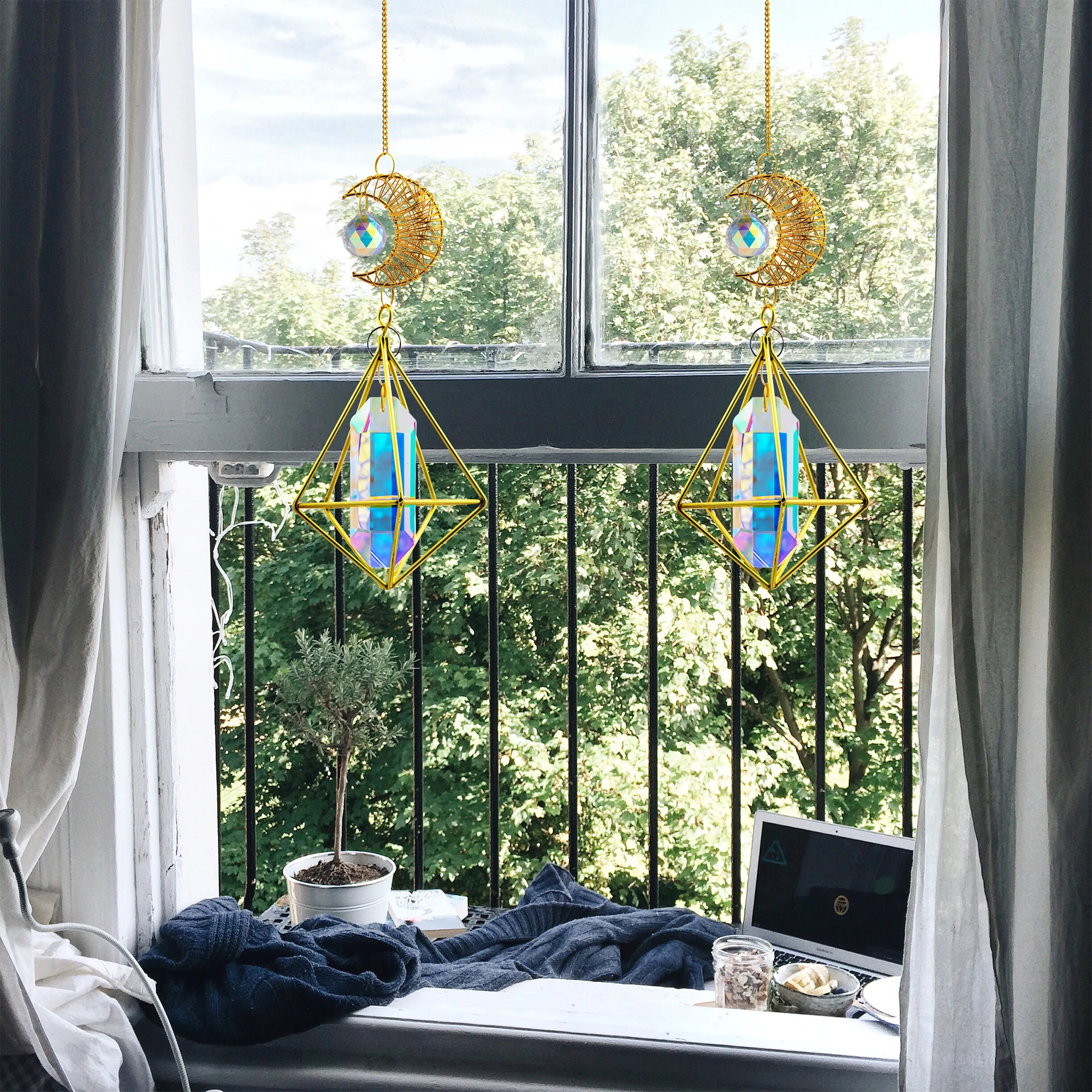 H&D Moon Sun Catcher Rainbow Maker Chandelier Pendant Garden Hanging Crystal Suncatchers Ornament for Home Cars Decorations Gift