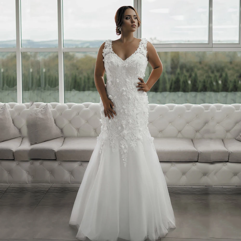 

Fashion Mermaid Wedding Dresses Plus Size Sexy V Neck Sleeveless Applique Flowers Sweep Train Bridal Dress