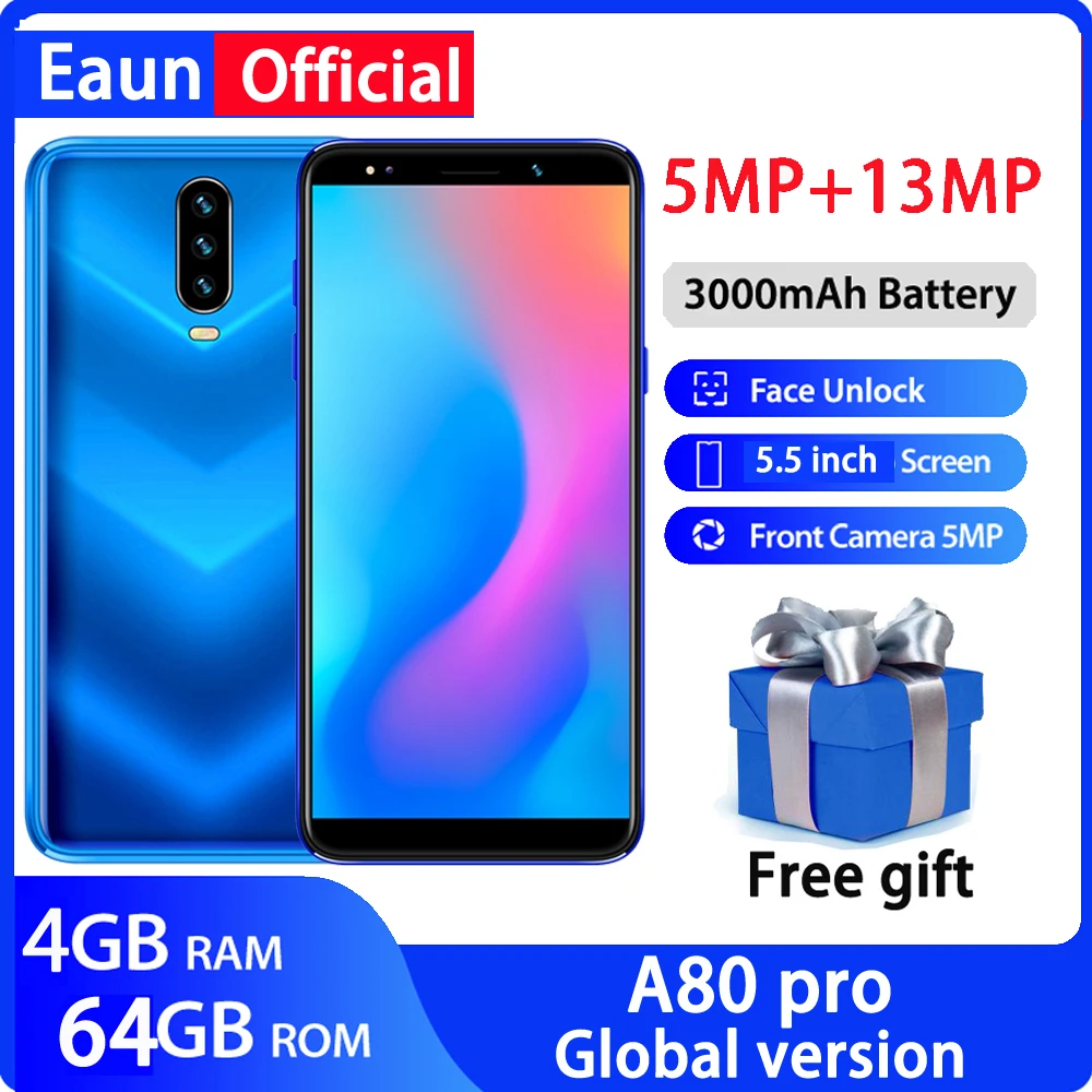 

A80 pro 5.5" 18:9 HD screen Mobile phones android 4G RAM 64G ROM MTK6580 quad core celulares 13MP camera Face ID Smartphones