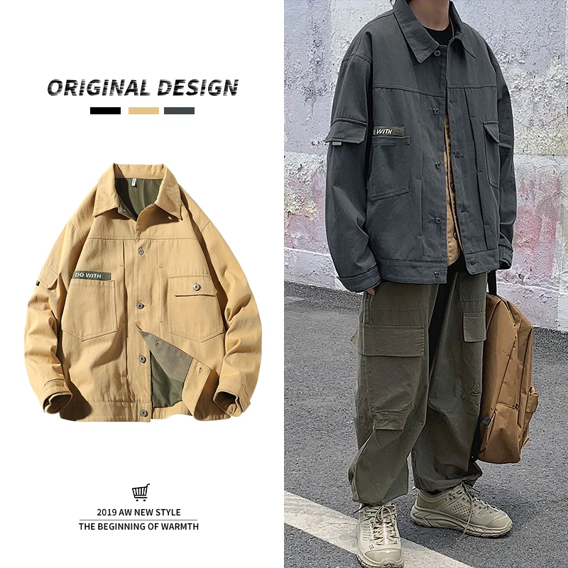 

2019 Autumn And Winter Men's New Casual Solid Color Letter Printing Pocket Decorative Lapel Jacket Loose Temperament Cotton