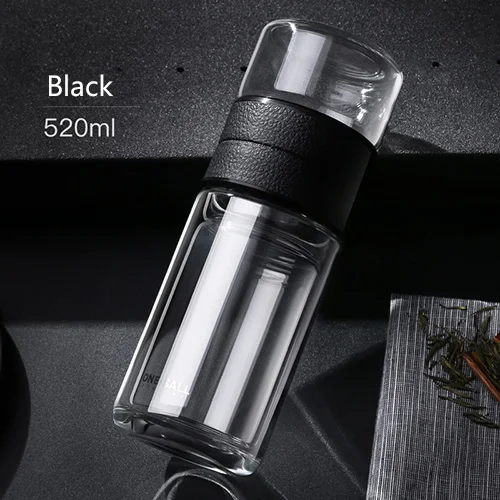 520ml Black 520 мл двухслойная стеклянная бутылка, разделительные бутылки для воды, автомобильные офисные стеклянные чашки для чая с фильтром с крышкой - Цвет: 520ml Black