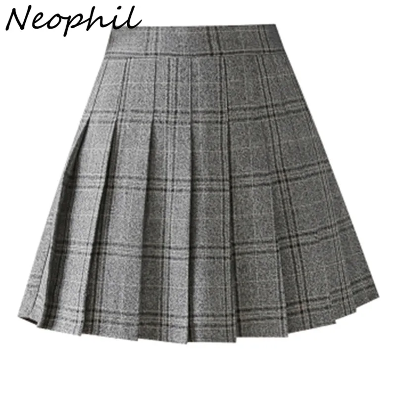 Neophil England Style 2022 Spring Women Skirts Plaid Mini Skirts Ladies Pleated A-Line Short Skirts Gray Tartan Girls Saia S2042