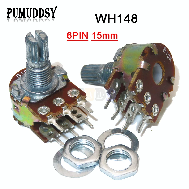Rotary Potentiometer Adjustable Resistor 5PCS WH148 B1K B2K B5K B10K B20K B50K B100K B500K 6Pin Shaft Amplifier Dual Stereo Potentiometer 1K 2K 5K 10K 50K 100K 500K