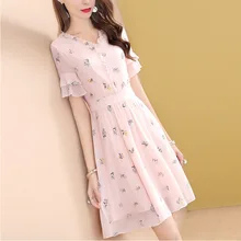 Ozhouzhan, розовое шифоновое платье с v-образным вырезом и цветочным рисунком, женское летнее платье средней длины, стиль, летняя популярная женская юбка