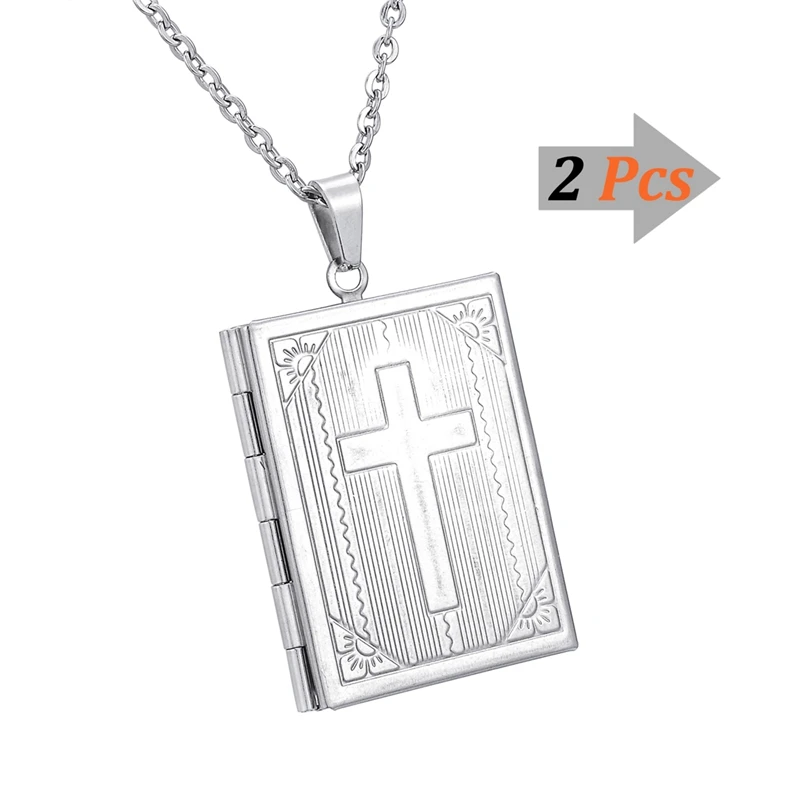 

SOUARTS 2PCS Fashion Stainless Steel Goddess Cross Book Bible Charms Necklace 39mmx27mm Opening DIY Photo Box Pendant Necklace