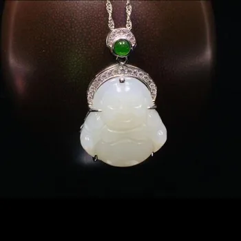 

Beautiful Natural Hetian White Jade Carved Buddha Shape Pendant 925 Sterling Silver Inlaid Zircon Jade Pendant
