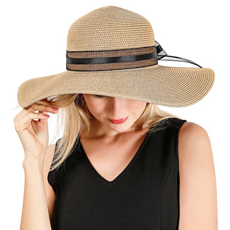 

HT3084 Straw Hat Fashion Women Summer Sun Hat Ladies Packable Floppy Beach Hat Elegant Ribbon Bow Wide Brim Hat Female Beach Cap