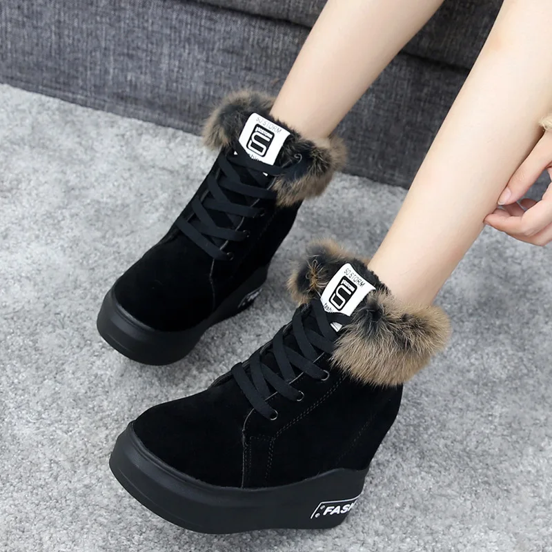 

2019 Autumn & Winter Elevator Lace up Front Short Boots Women's round-Toe Ultra-High-Heel Boots plus Velvet Fluffy Shoes Women's