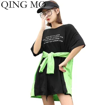 

QING MO Black White Women Fake Two Pieces T Shirt 2020 Women Patchwork Color T Shirt Female Letter Printed T Shirt ZQY3447