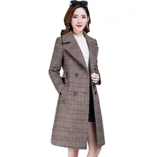 Осеннее зимнее пальто женское клетчатое пальто с карманами в Корейском стиле двубортное длинное пальто Повседневная Женская куртка с длинными рукавами