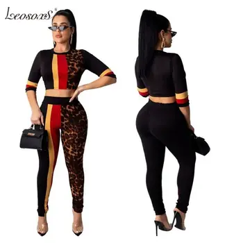 

2 Piece Set Tracksuit Women Conjunto Moletom Long Sleeve Leopard Print Casual Splicing Sport Suit Womens Clothing Two Piece Sets