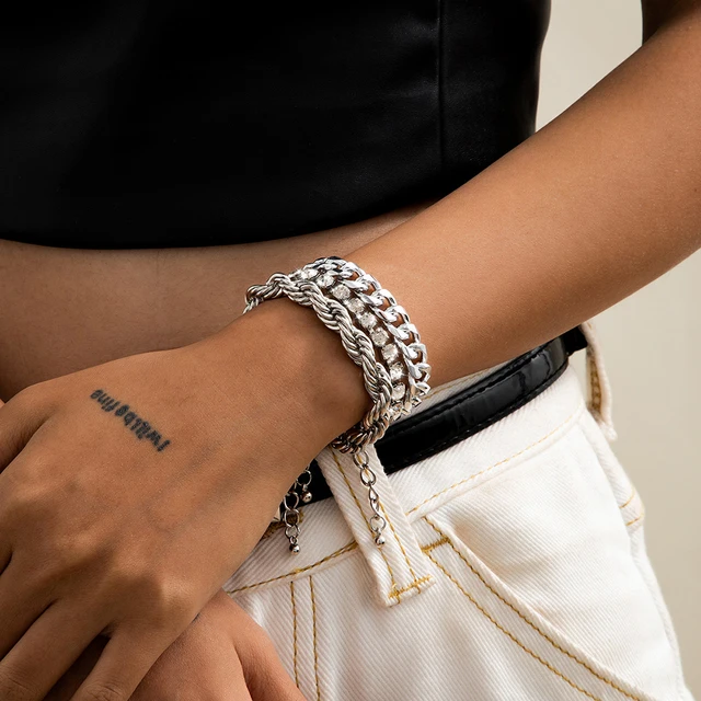 Punk Curb Cuban Chain Bracelets Set for Women Multilayer Miami Boho Thick Gold Color Charm Bracelets Bangles Fashion Jewelry Steel color