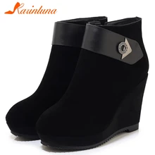 Karinluna/ г. Брендовые ботинки на платформе из коровьей замши, на молнии, на танкетке, на высоком каблуке Женская обувь женские удобные ботильоны женская обувь
