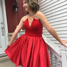 Сексуальные без бретелек Короткие платья для выпускного вечера модные кружевные красные атласные мини-вечерние платья коктейльное платье дешево