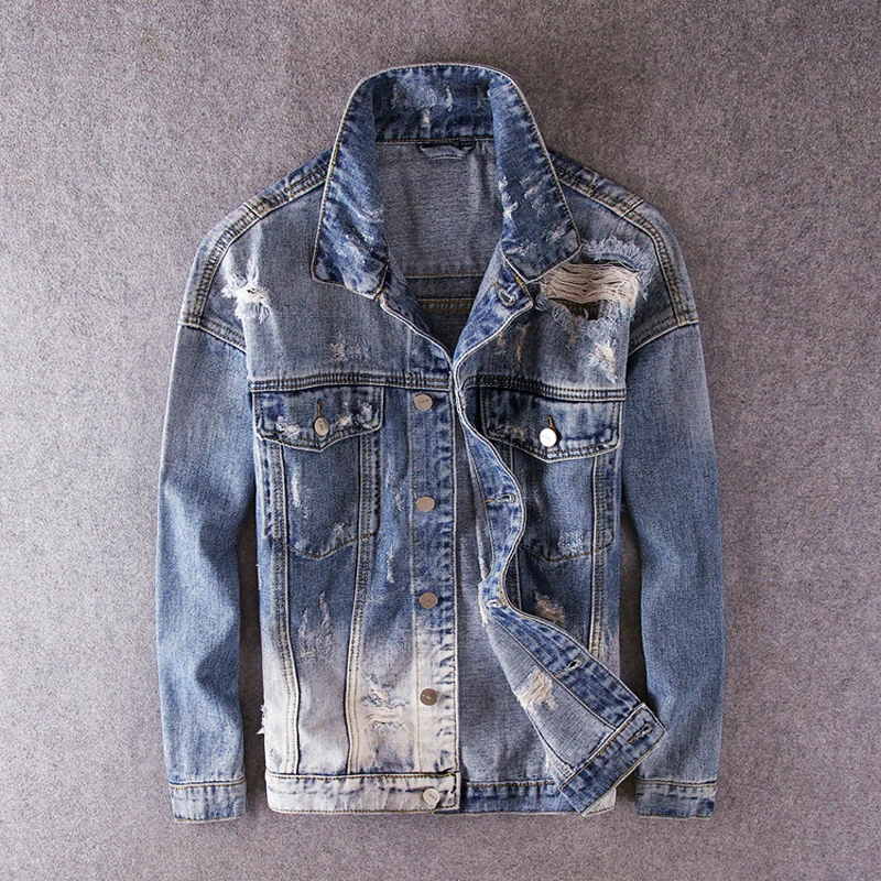 

American Fashion Men Jackets Retro Wash Destroyed Denim Biker Jacket Hombre Streetwear Hip Hop Ripped Jacket Men Punk Coats