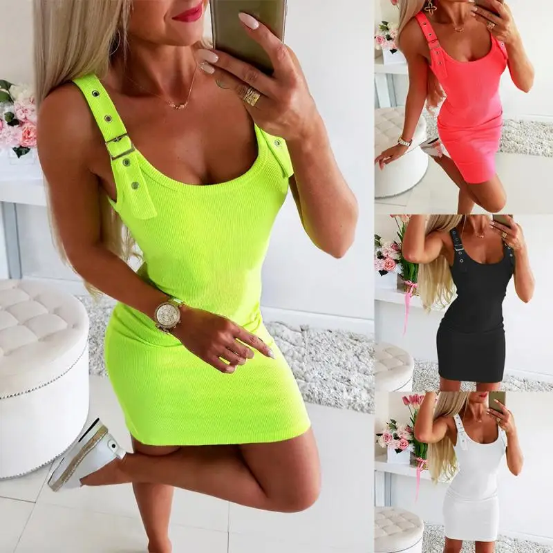

Sleeveless Dress Women Summer Adjustable Spaghetti Strap Sexy Mini Dresses Womens Clothing Sheath Green Black White Sundress