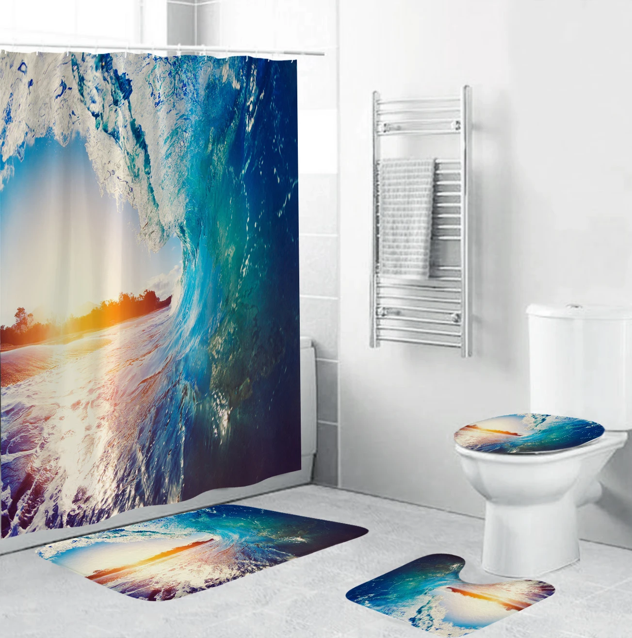 Sea Wave Fabric Shower Curtain Summer Dusk Ocean Scenery Bathroom Curtains Set Non-Slip Rugs Toilet Lid Cover Mat Carpet | Дом и сад