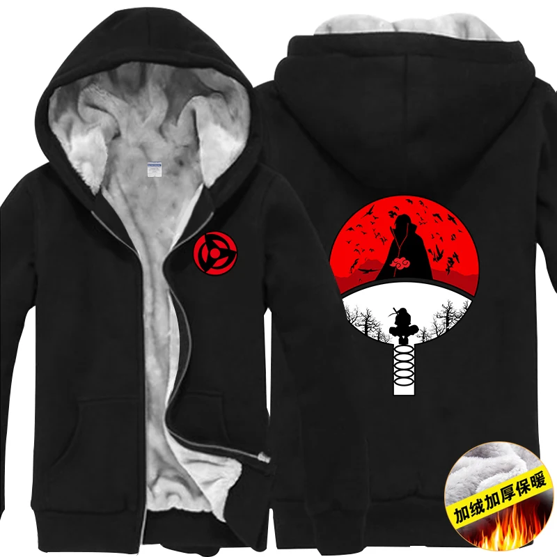 Новые зимние куртки, пальто Uzumaki Naruto, худи аниме SASUKE Uchiha с капюшоном, Толстые мужские толстовки на молнии