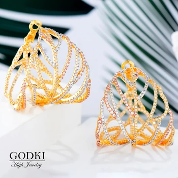 

GODKI Luxury Feather Chic Hoop Earring For Women Wedding Geometry Full Mirco Cubic Zircon Nigerian Hoop Earrings