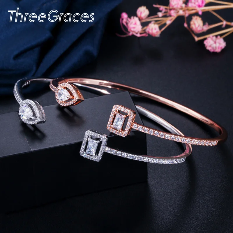 

ThreeGraces Chic Square and Water Drop CZ Stone Silver Color Adjustable Open Cuff Bangles for Ladies BA008