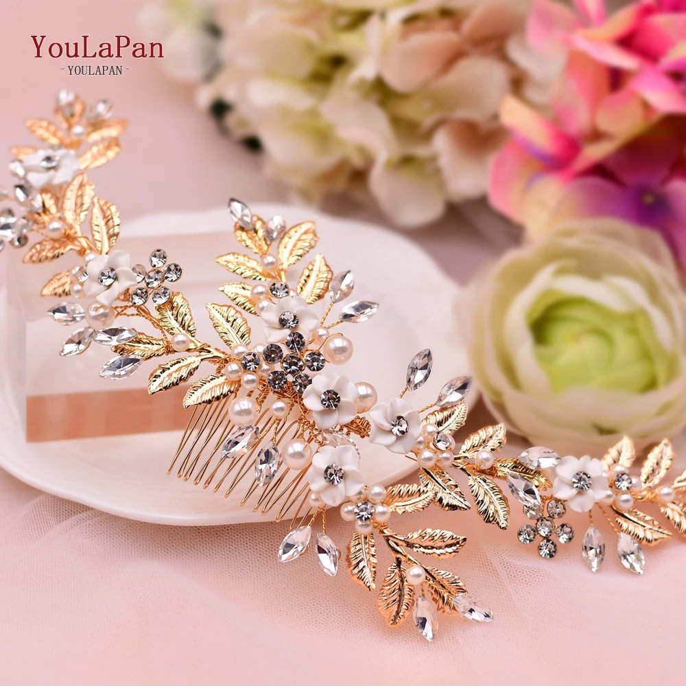 YouLaPan Gold Floral Wedding Hair Comb Bridal Crystal Pearls Headpiece Hair Accessories Bride Jewelry Women Clips HP368