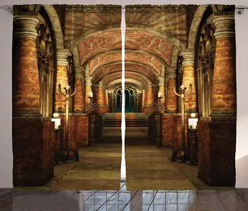 

Gothic House Decor Curtains Ancient Passage with Stairways Secret Gateway Pillars Medieval Temple Theme for Living Room Curtain