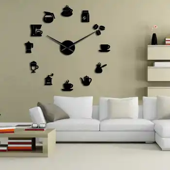 

DIY Creative Coffee Cup Wall Clock Mirror Coffee Ware Wall Sticker Clock Large Acrylic Decorative Kitchen Clock