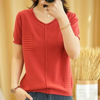 

20 New cotton and linen knitted short-sleeved v-neck sweater women's solid color loose comfortable pullover short cotton top