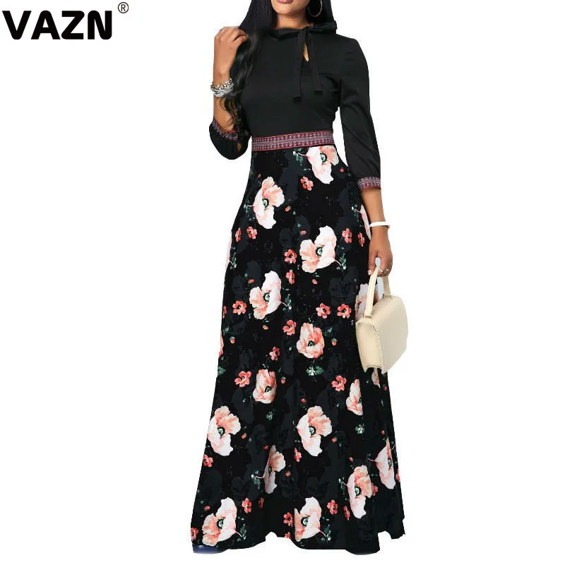 VAZN JLY1824, новинка, для молодых леди, для заметок, неопрятный, офисный, черный, прозрачный, с принтом, половина рукава, высокая талия, женское облегающее и расклешенное Макси платье